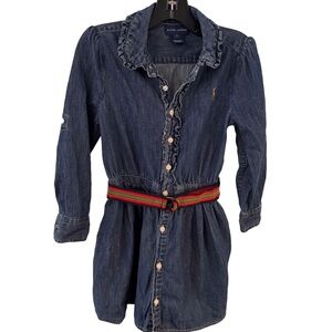 Ralph Lauren Girls Denim Button Up Dress, Long Sleeve Belt Size 5